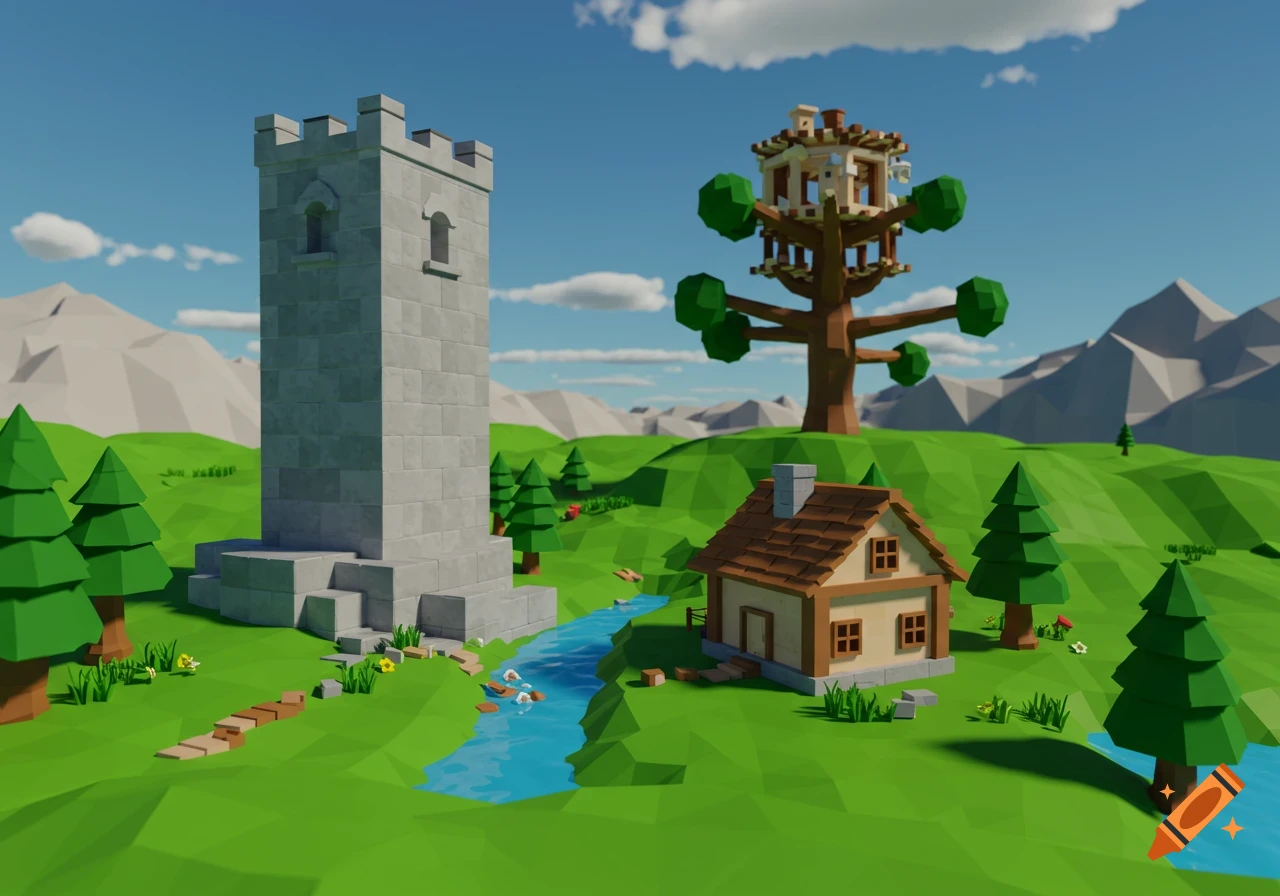Low-poly 3D rendering of a fantasy landscape with a tower, house, river, and treehouse.
