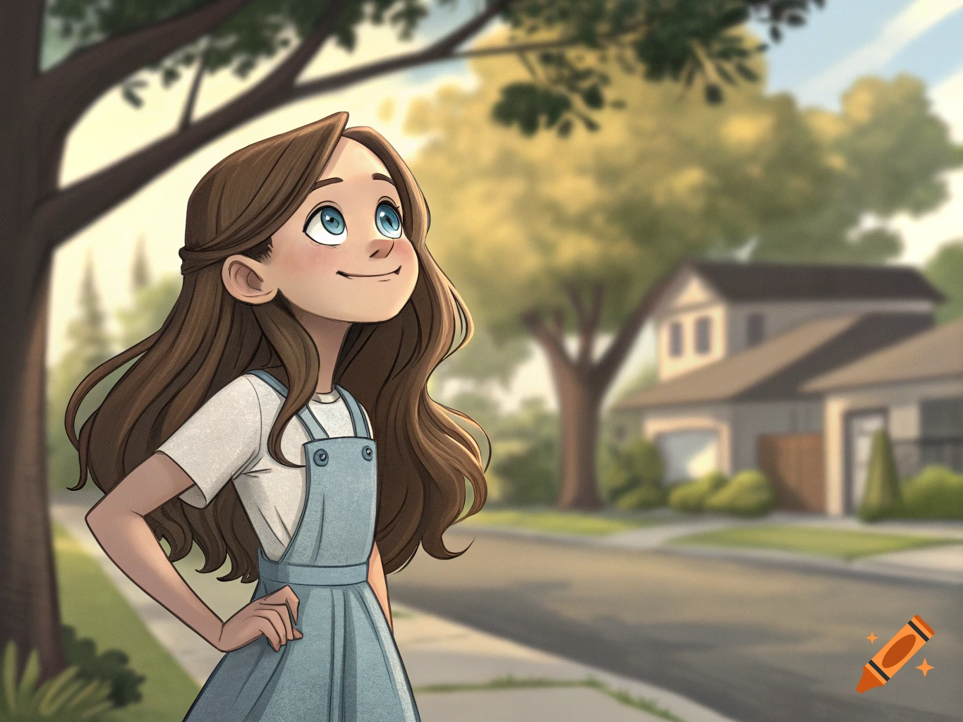 A drawing of a young girl with long brown hair and blue eyes, wearing overalls, looking up on a suburban street.