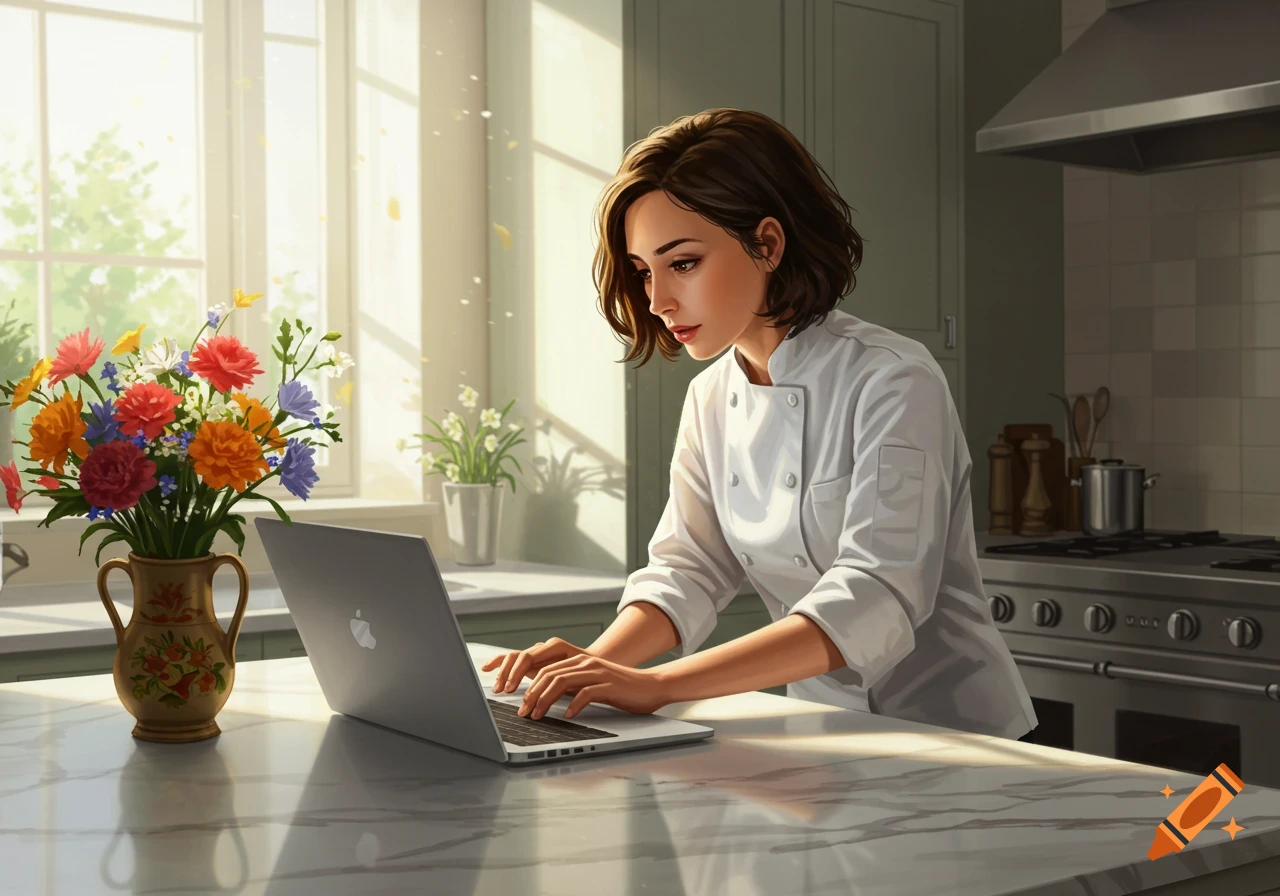 Woman chef in a white uniform typing on a laptop in a bright kitchen with flowers on the counter.