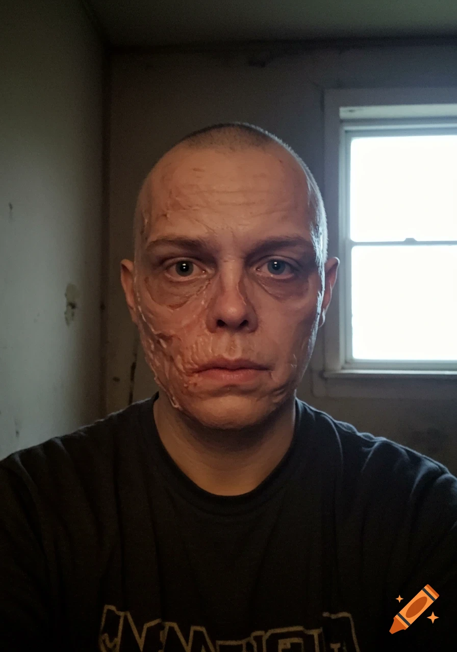 Person with facial scarring takes a blurry selfie indoors in front of a bright window.