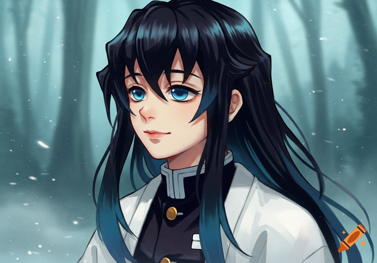 Anime portrait of a character with black hair and blue eyes in a uniform, standing in a snowy forest.