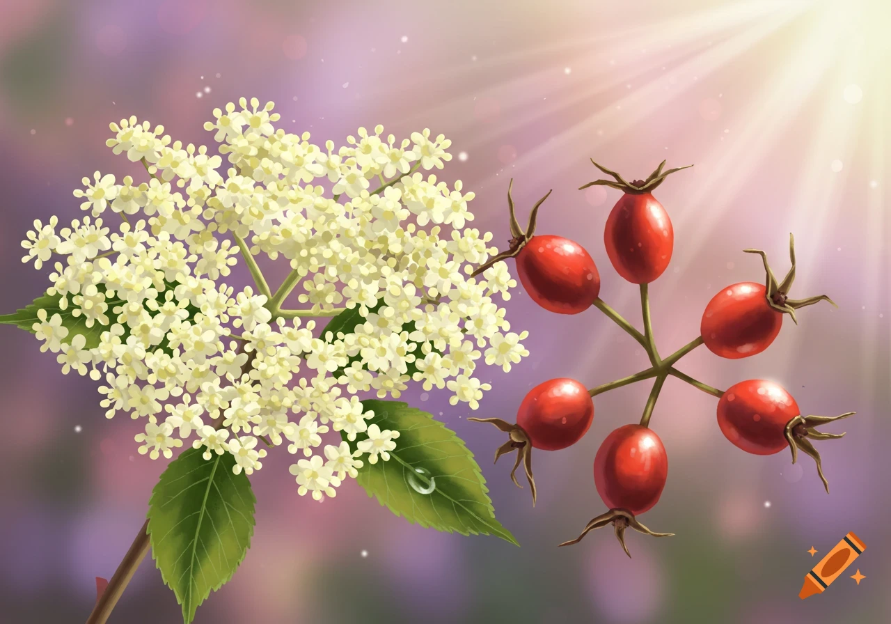 A cluster of elderflower blossoms and a branch of red rose hips are bathed in sunlight.
