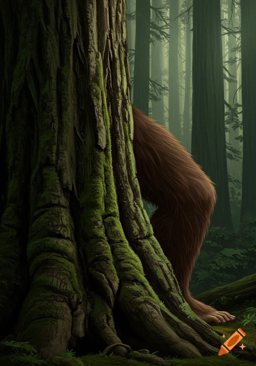 Bigfoot's hairy leg and foot visible behind a large mossy tree in a misty forest illustration.