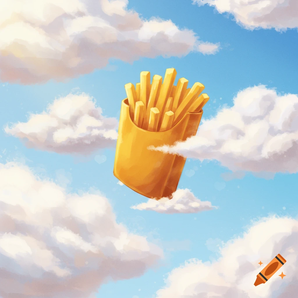 A carton of french fries floats among fluffy clouds in a blue sky.