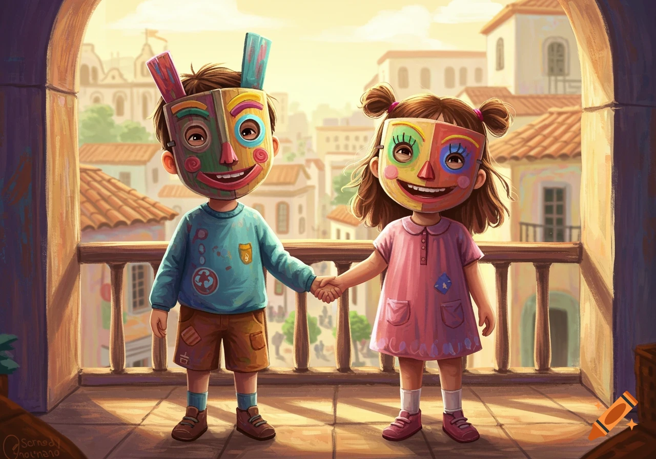 Illustration of two children wearing colorful masks and holding hands on a balcony overlooking a town.