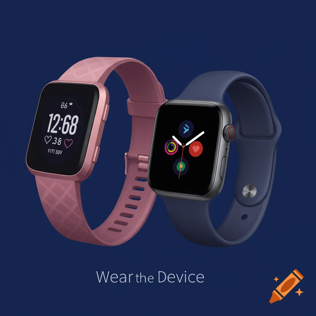 A pink smartwatch and a dark blue smartwatch side by side on a dark blue background with the text "Wear the Device".