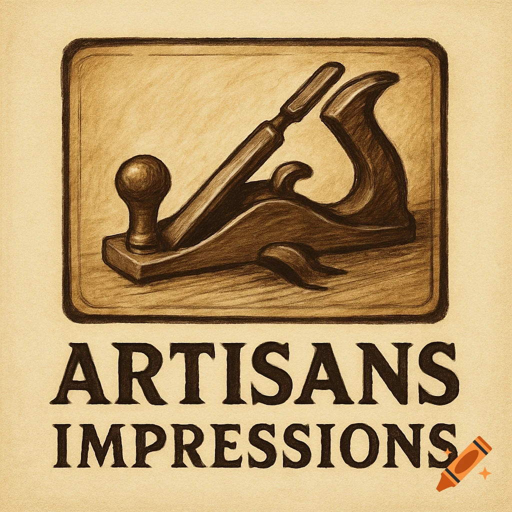 Sepia toned sketch logo featuring a hand plane above the text 'ARTISANS IMPRESSIONS'.