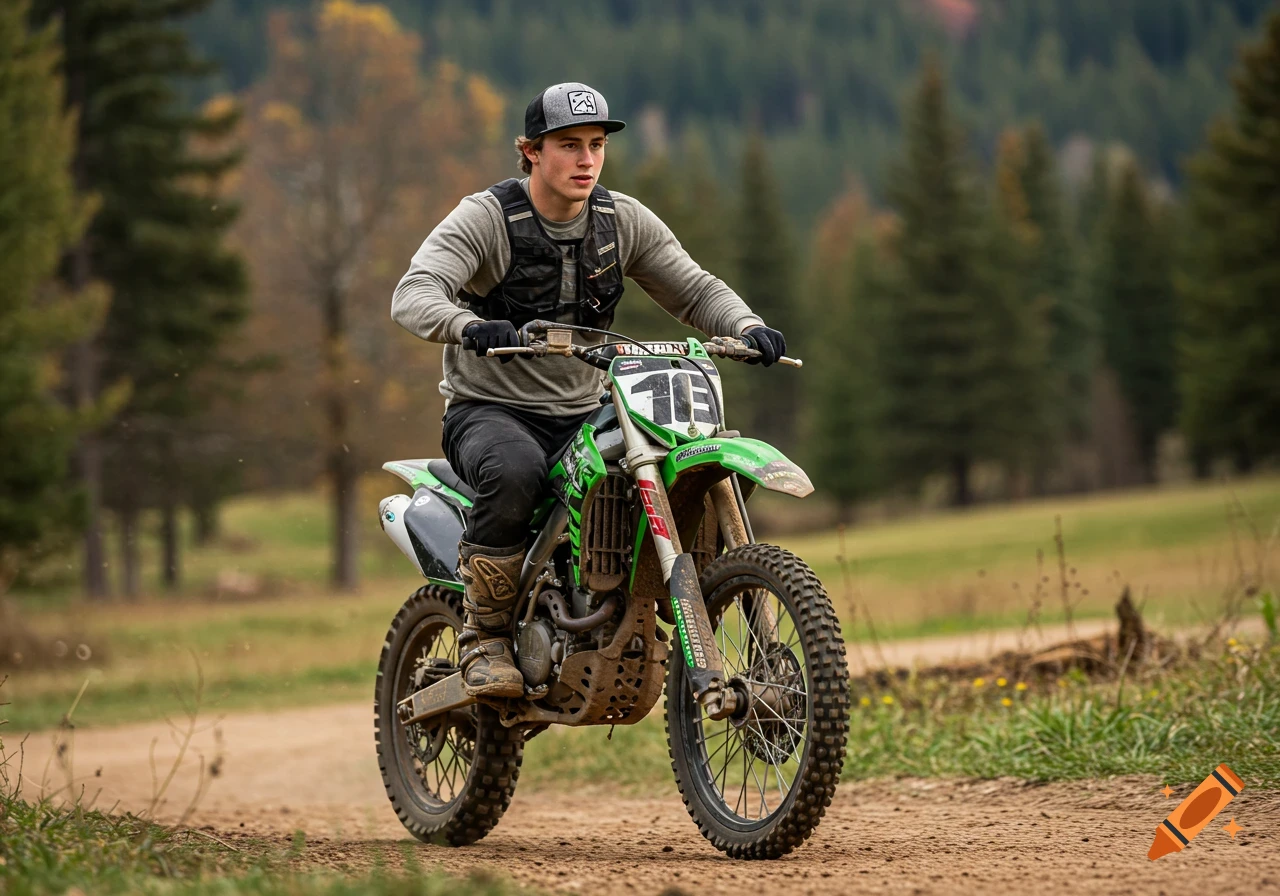 Man on a green dirt bike riding on a dirt trail.