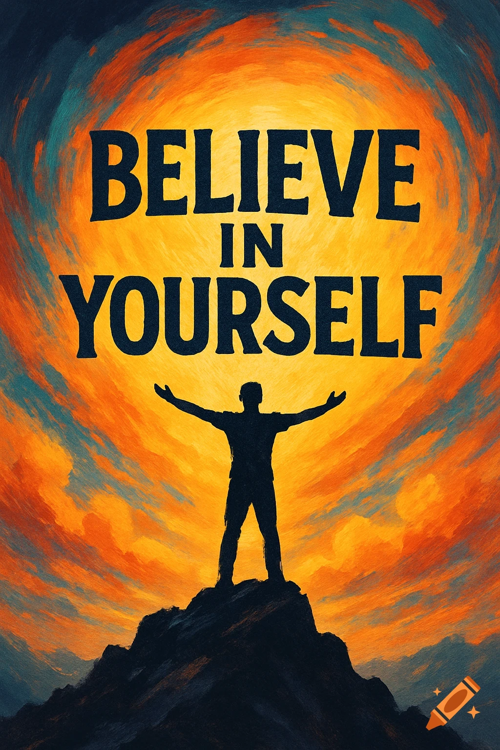 Silhouette of person with raised arms on mountain peak against dramatic sky, with text 'BELIEVE IN YOURSELF'.