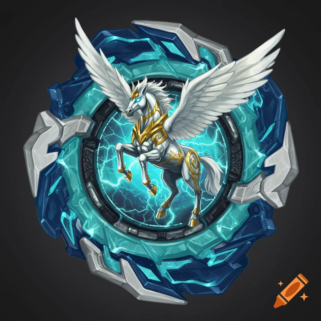 A Beyblade design featuring a winged white horse surrounded by blue electricity.