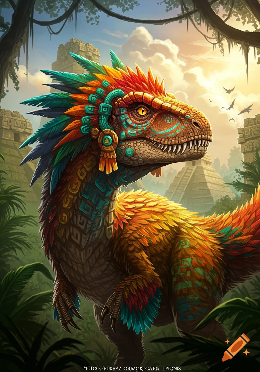 A brightly colored dinosaur with ornate feathering and tribal patterns stands in a jungle before ancient pyramids.