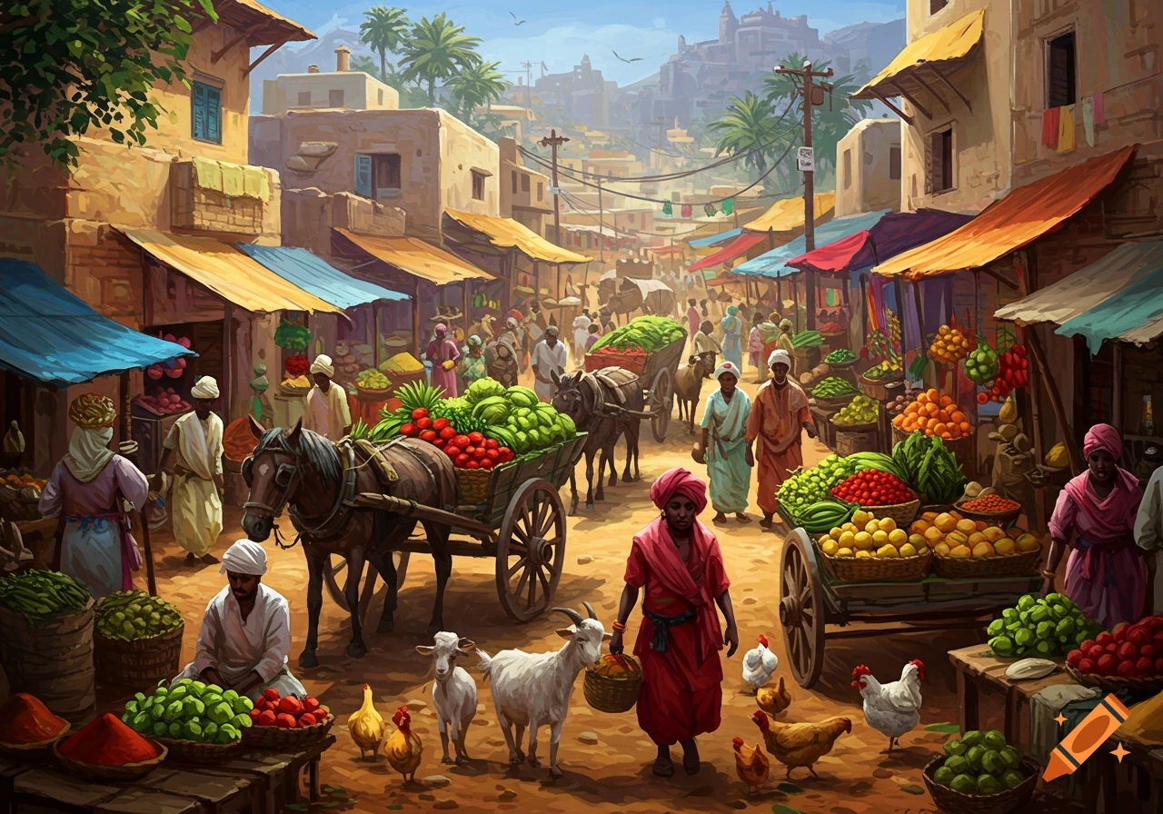 Busy market scene in a village with people, carts, animals, and vendors selling goods, painted style.