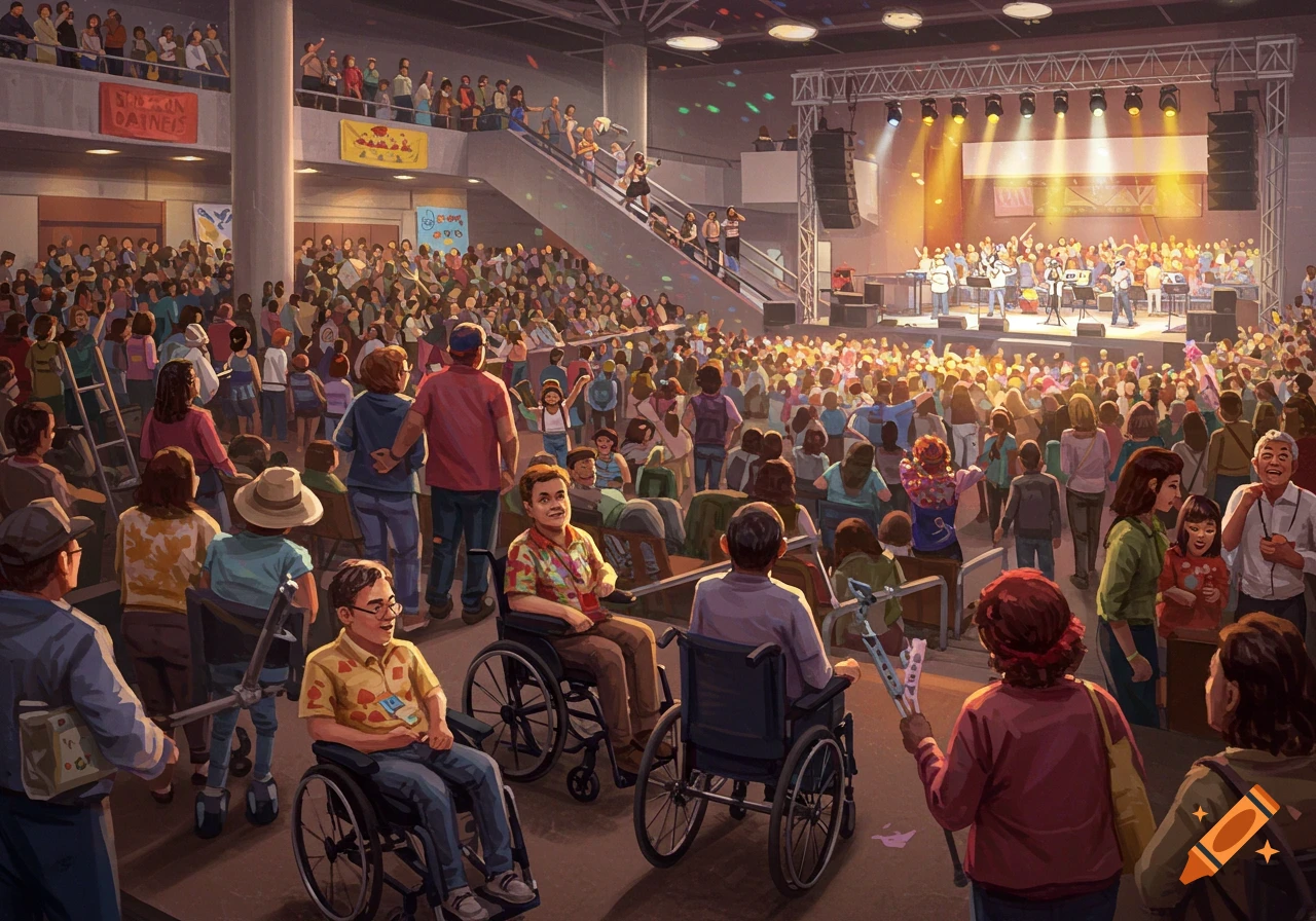 Large crowd gathered for an indoor event with a band on stage, including people in wheelchairs in the foreground.