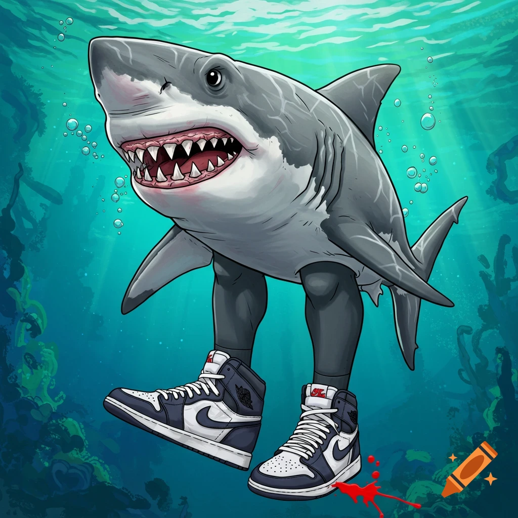 Cartoon illustration of a shark with human legs wearing blue and white sneakers underwater.