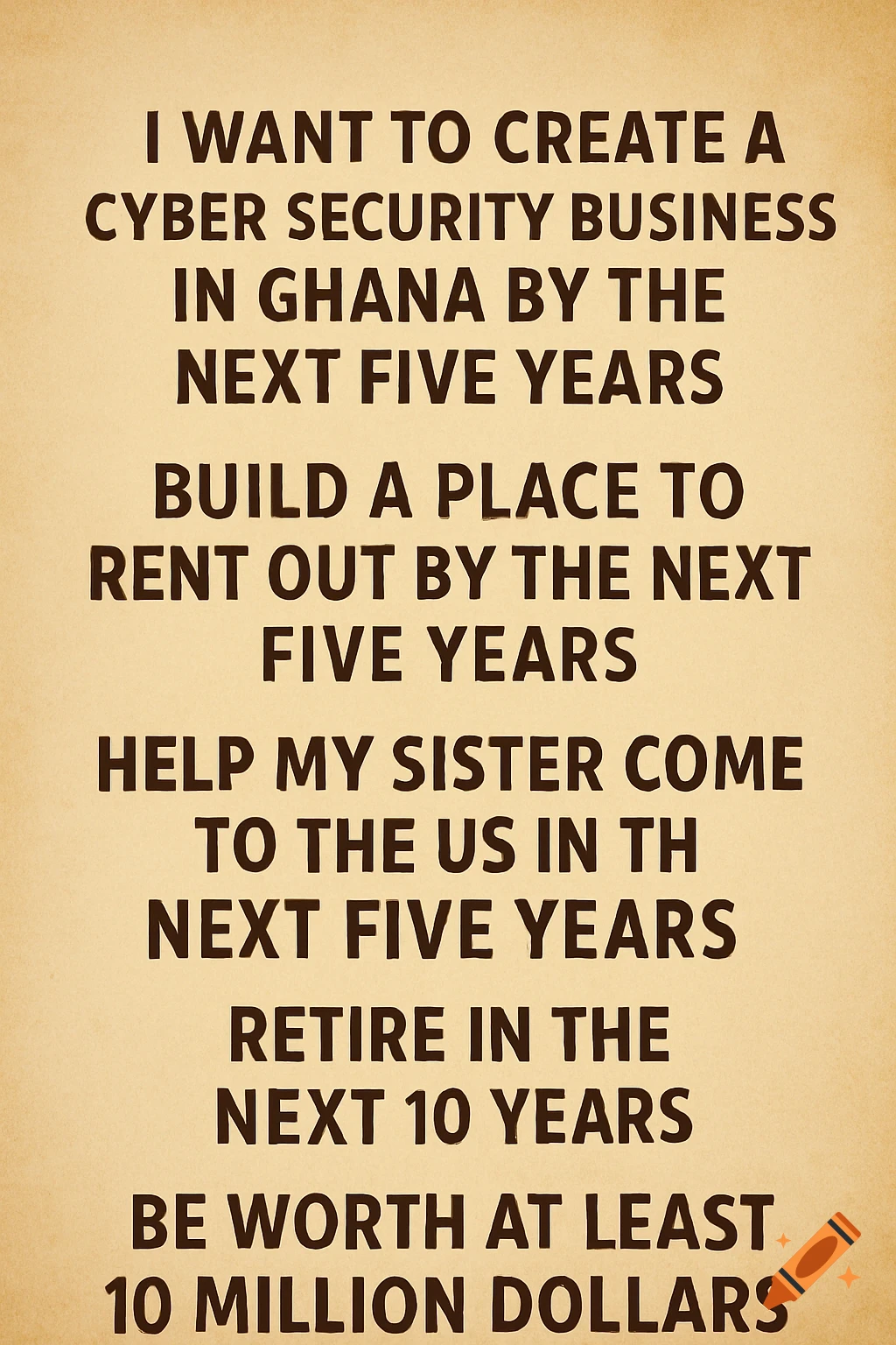 Text on a textured background listing personal goals.