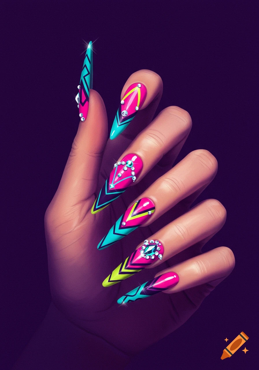 Hand with long pointed nails featuring bright geometric art deco patterns and rhinestones.