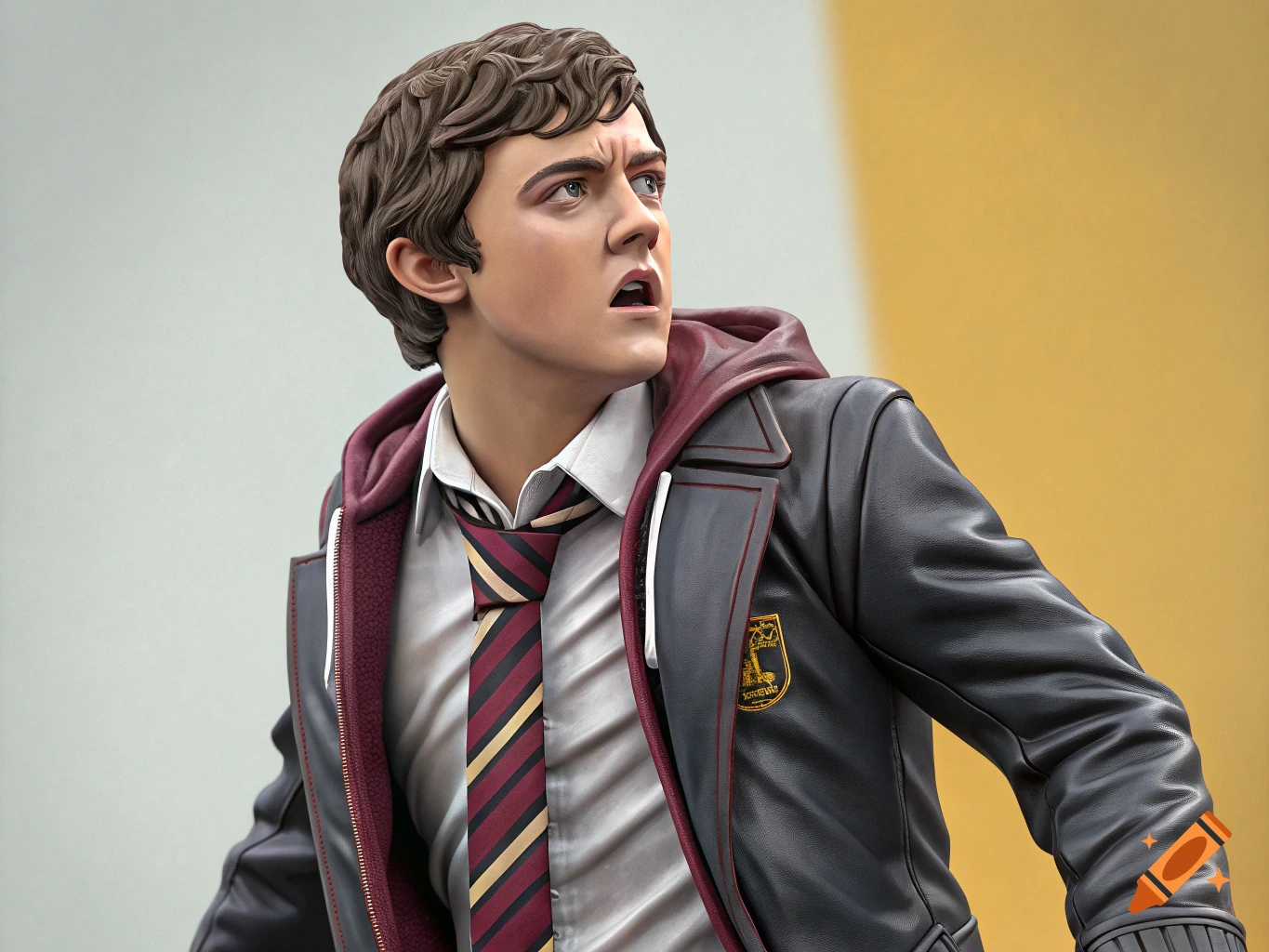Action figure of a young man in tie and jacket looking surprised.