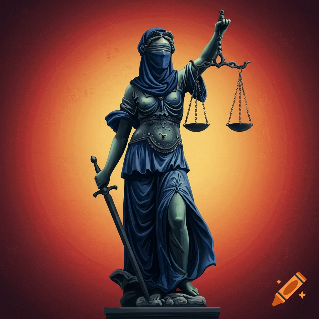 Stylized image of a Lady Justice statue wearing a burqa, holding scales and a sword against an orange background.