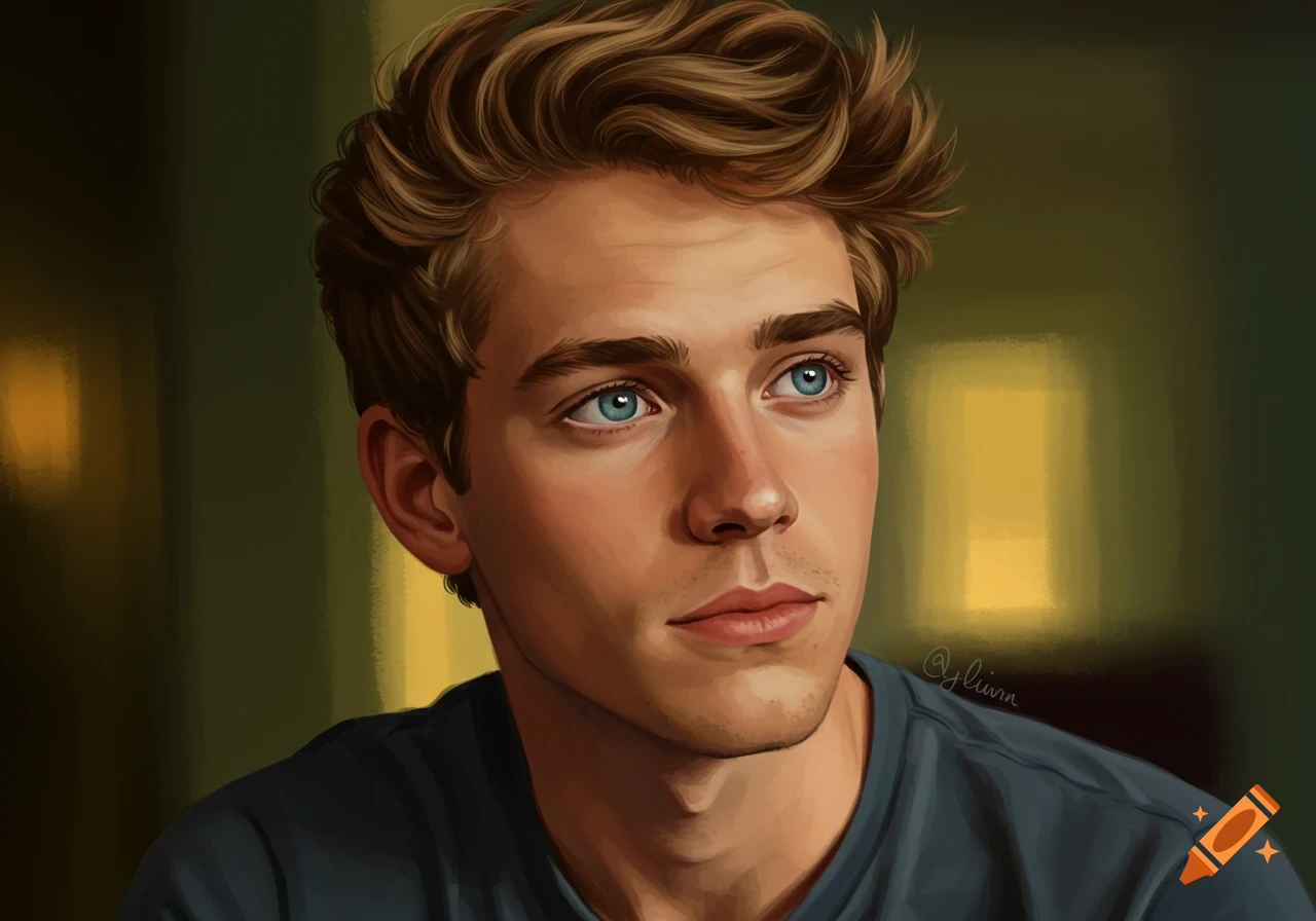 Digital painting of a young man with blue eyes and wavy brown hair. on ...