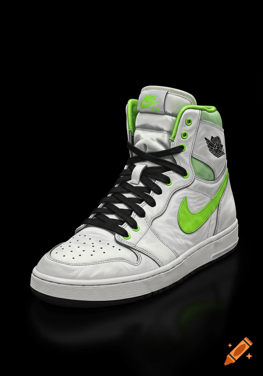 A realistic white and green high-top sneaker with black laces against a black background.