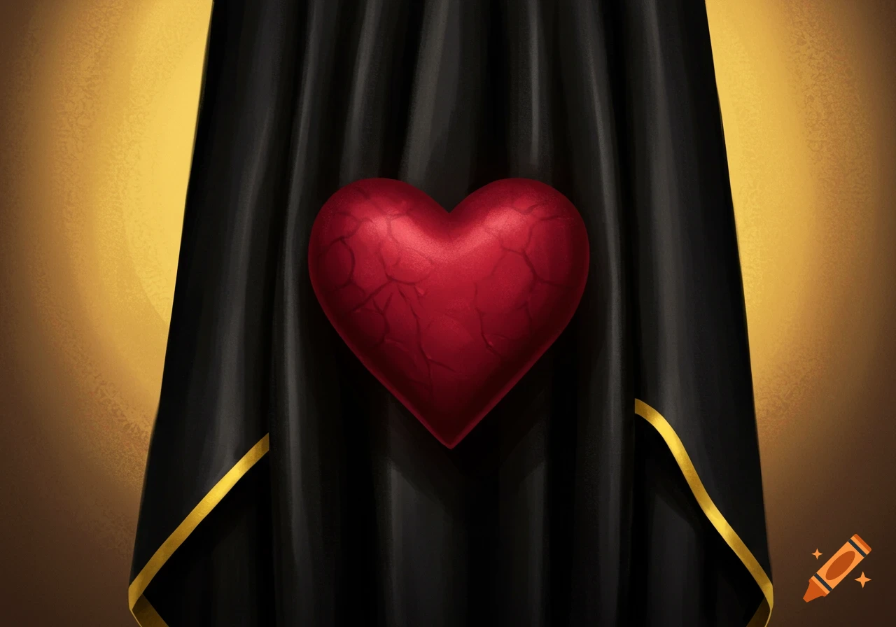A cracked red heart in front of black draped fabric with gold trim, illustration style.