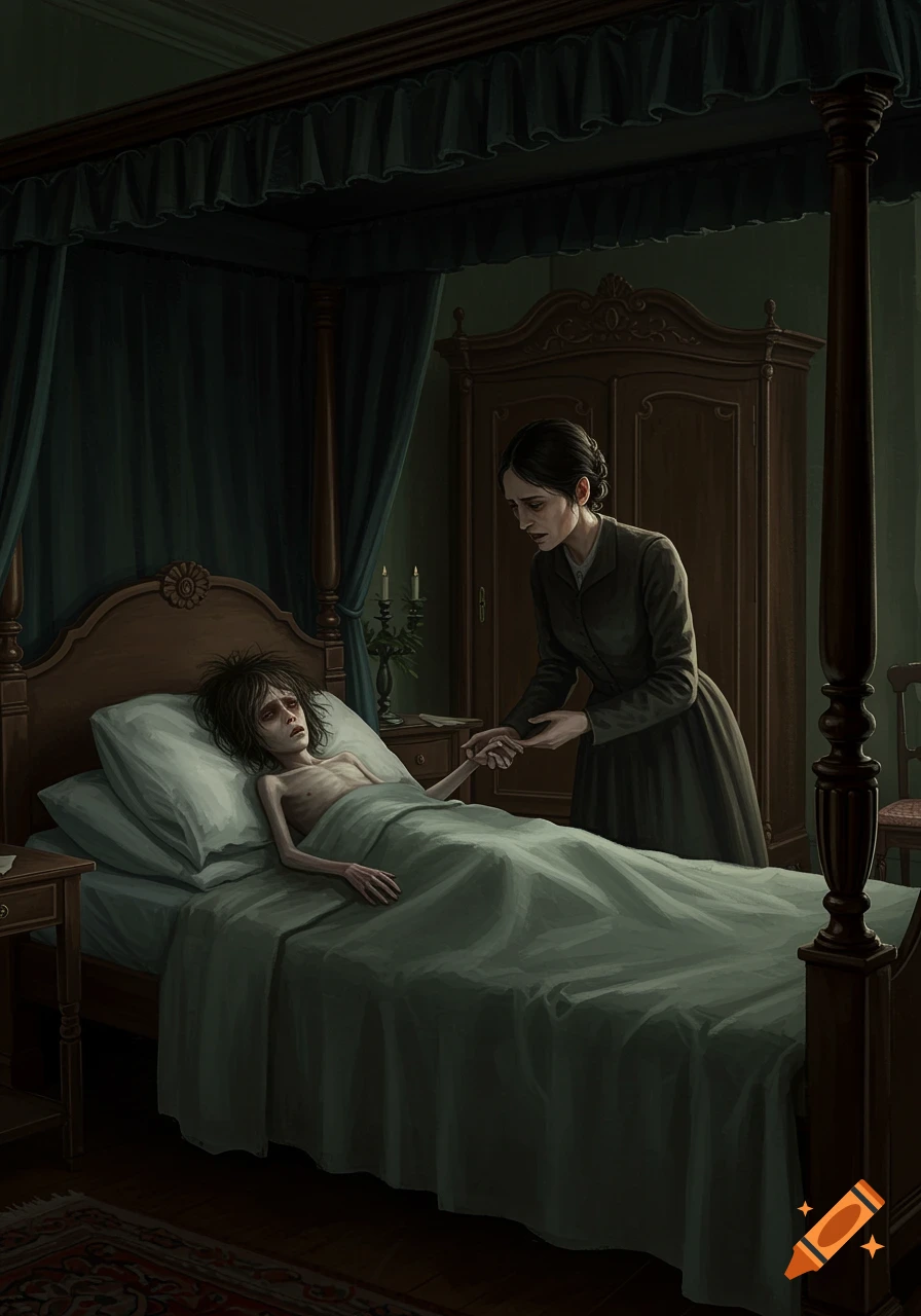 A woman holds the hand of a sickly child lying in a four-poster bed in a dark Victorian room.