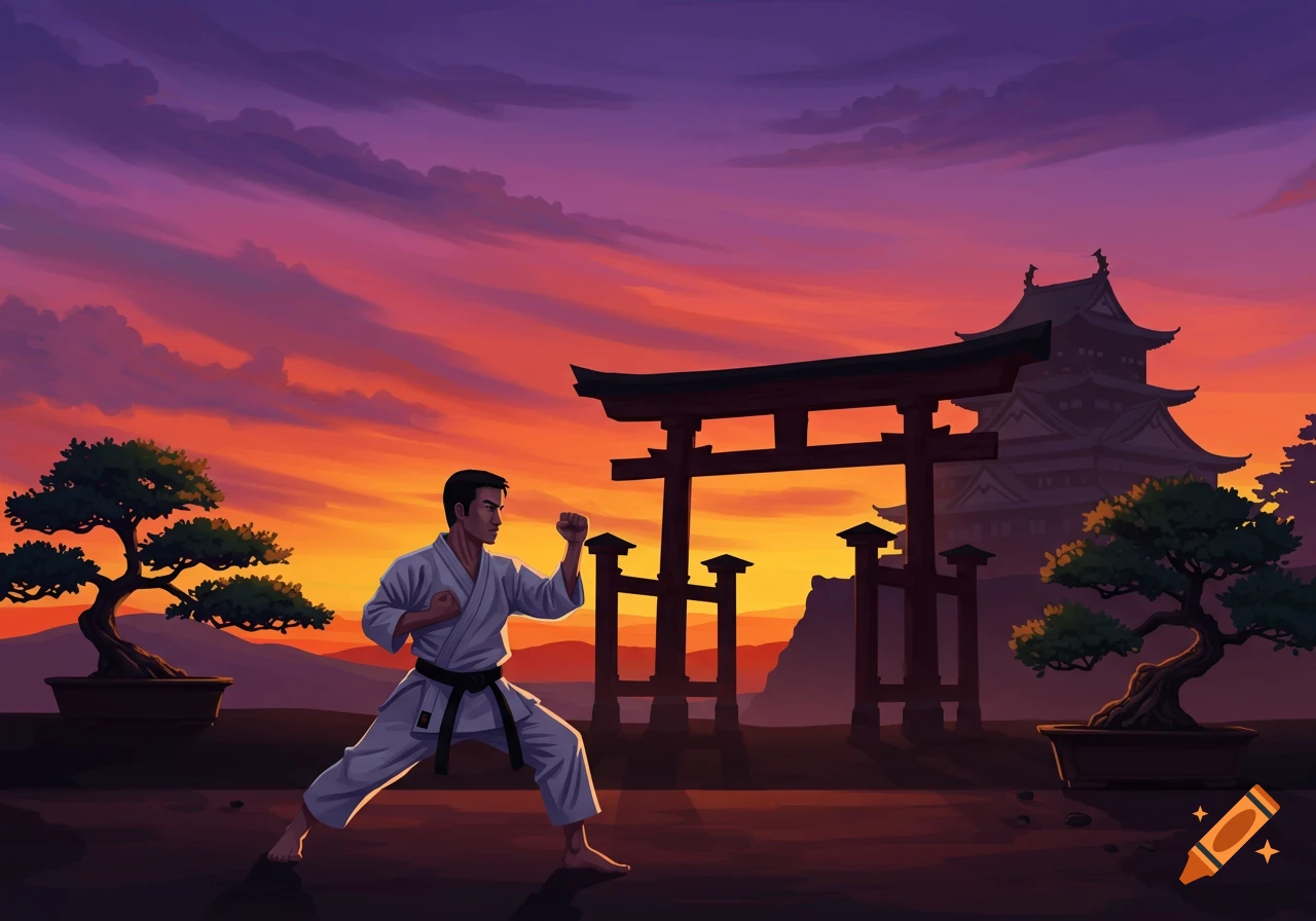 Karate fighter in a fighting pose at sunset with a torii gate, castle, and bonsai trees.