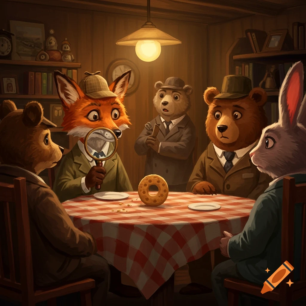 Illustration of anthropomorphic animal detectives investigating a donut on a table with a magnifying glass.