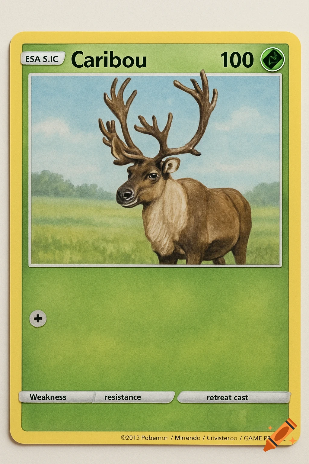 A trading card featuring a caribou illustration against a field and sky background.