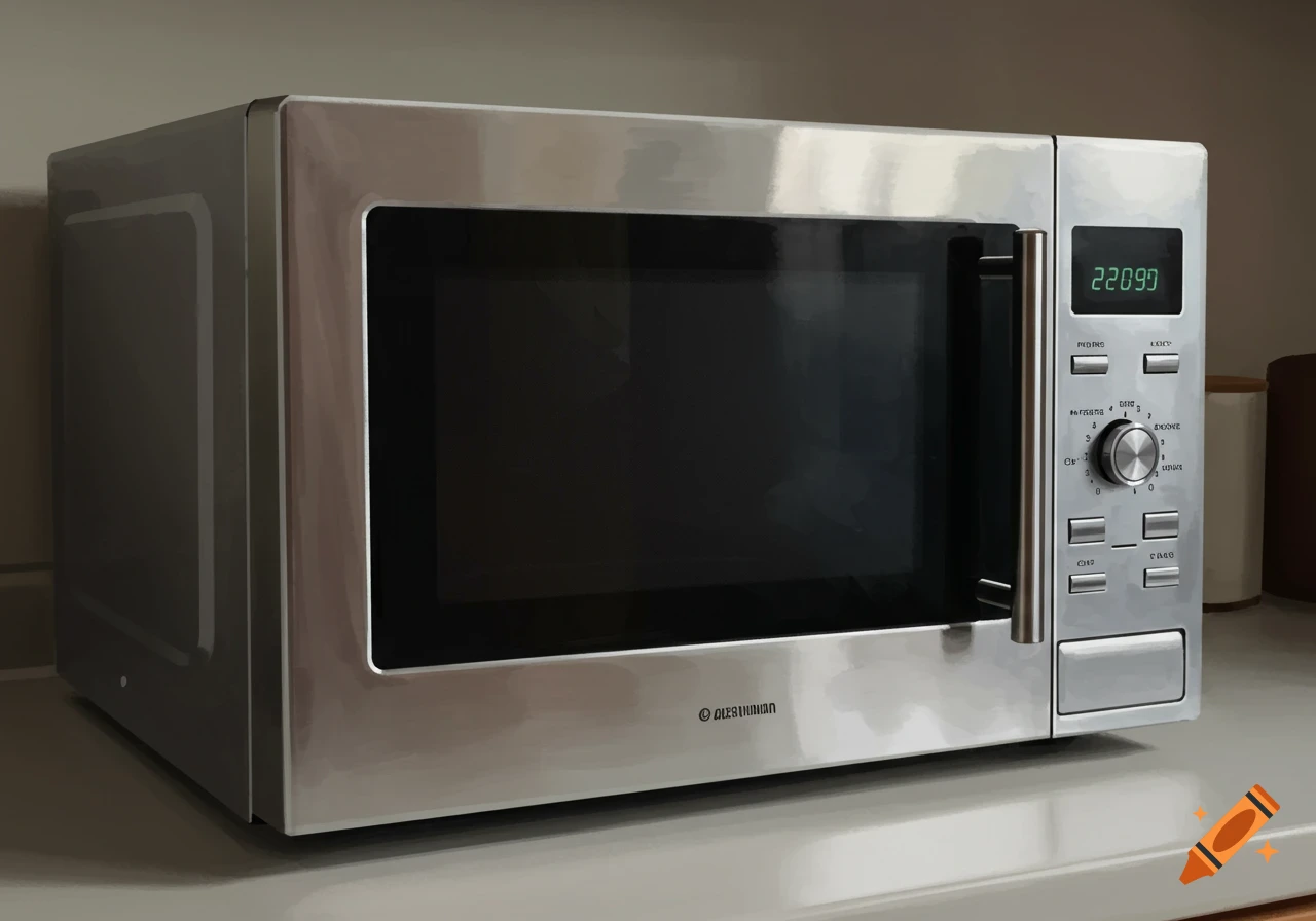 A silver microwave sits on a kitchen counter.
