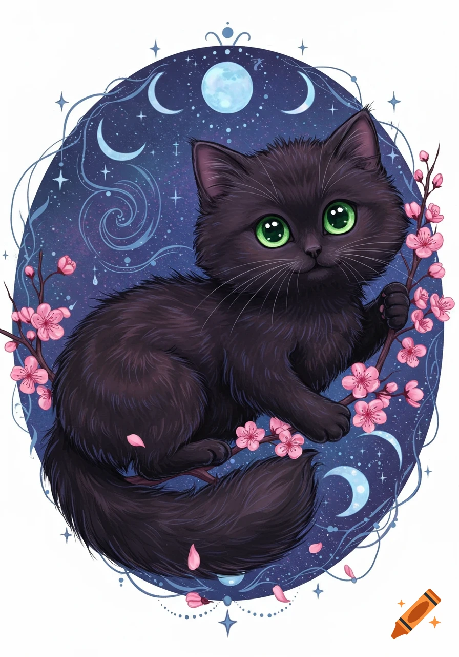 A cute black cat sits among cherry blossoms with a starry background and crescent moons.