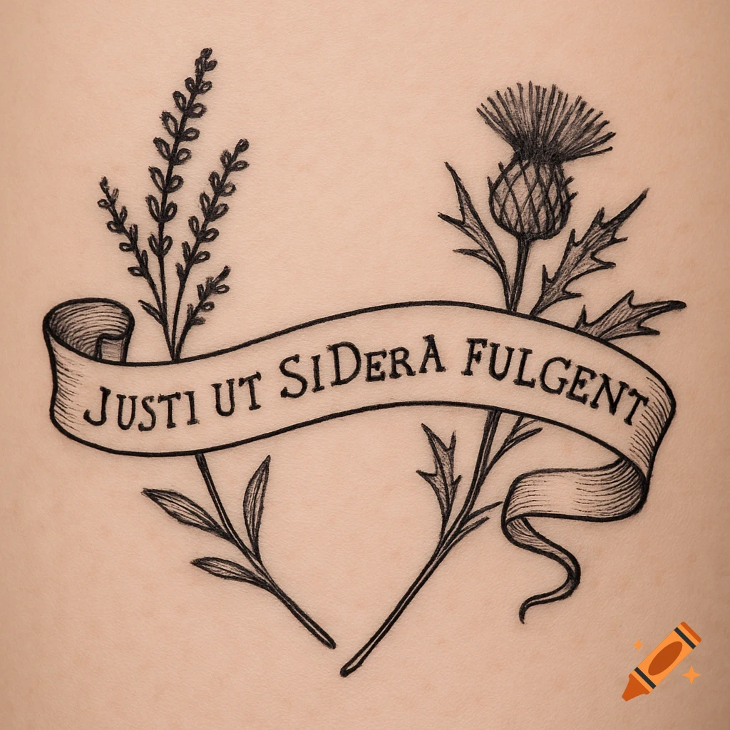 A black and white tattoo design with a banner reading 'JUSTI UT SIDERA FULGENT', flanked by heather and thistle illustrations.