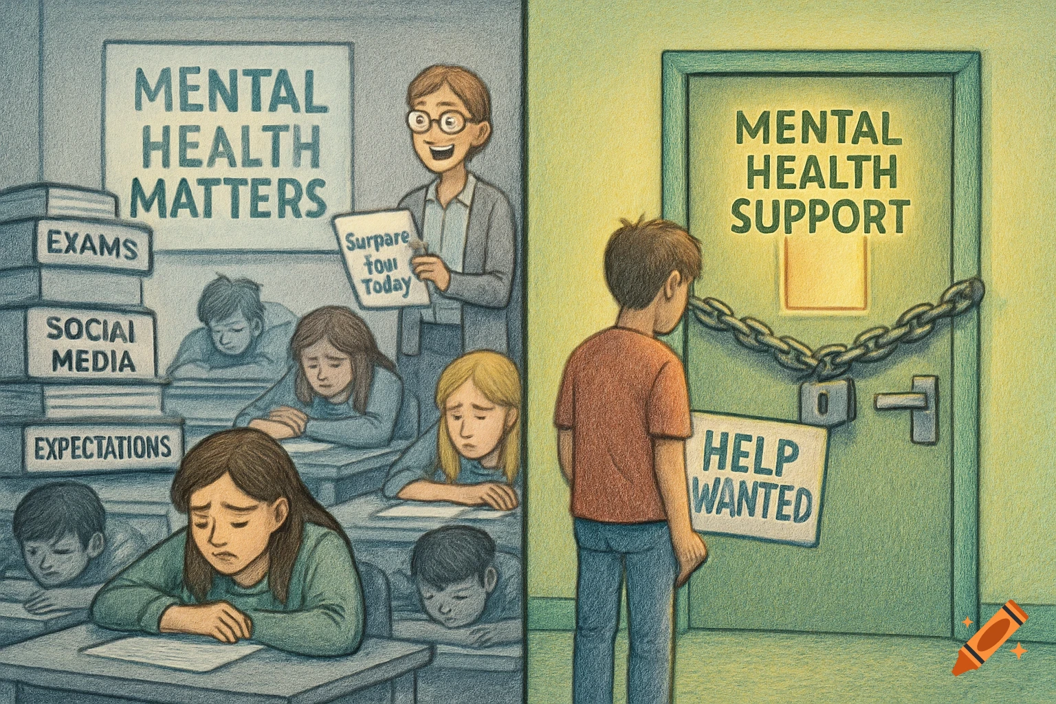 Colored pencil illustration of students stressed in a classroom and a locked 'Mental Health Support' door.