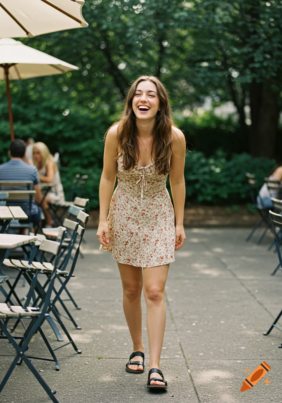 A smiling woman in a floral dress walks between tables in an outdoor cafe, photorealistic style.