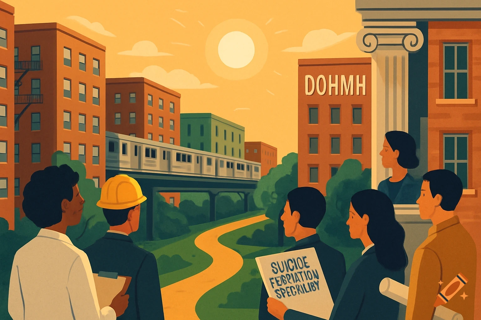 Illustration of professionals looking at a cityscape with buildings, subway, and park.