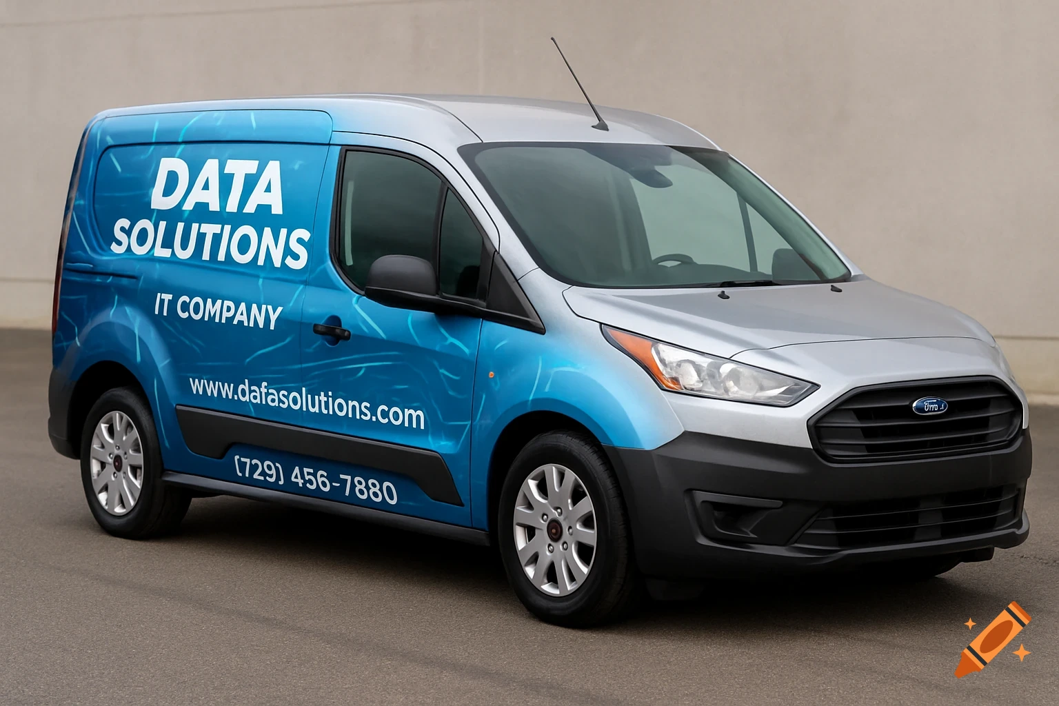 Silver Ford Transit Connect van with blue 'Data Solutions IT Company' vehicle wrap.