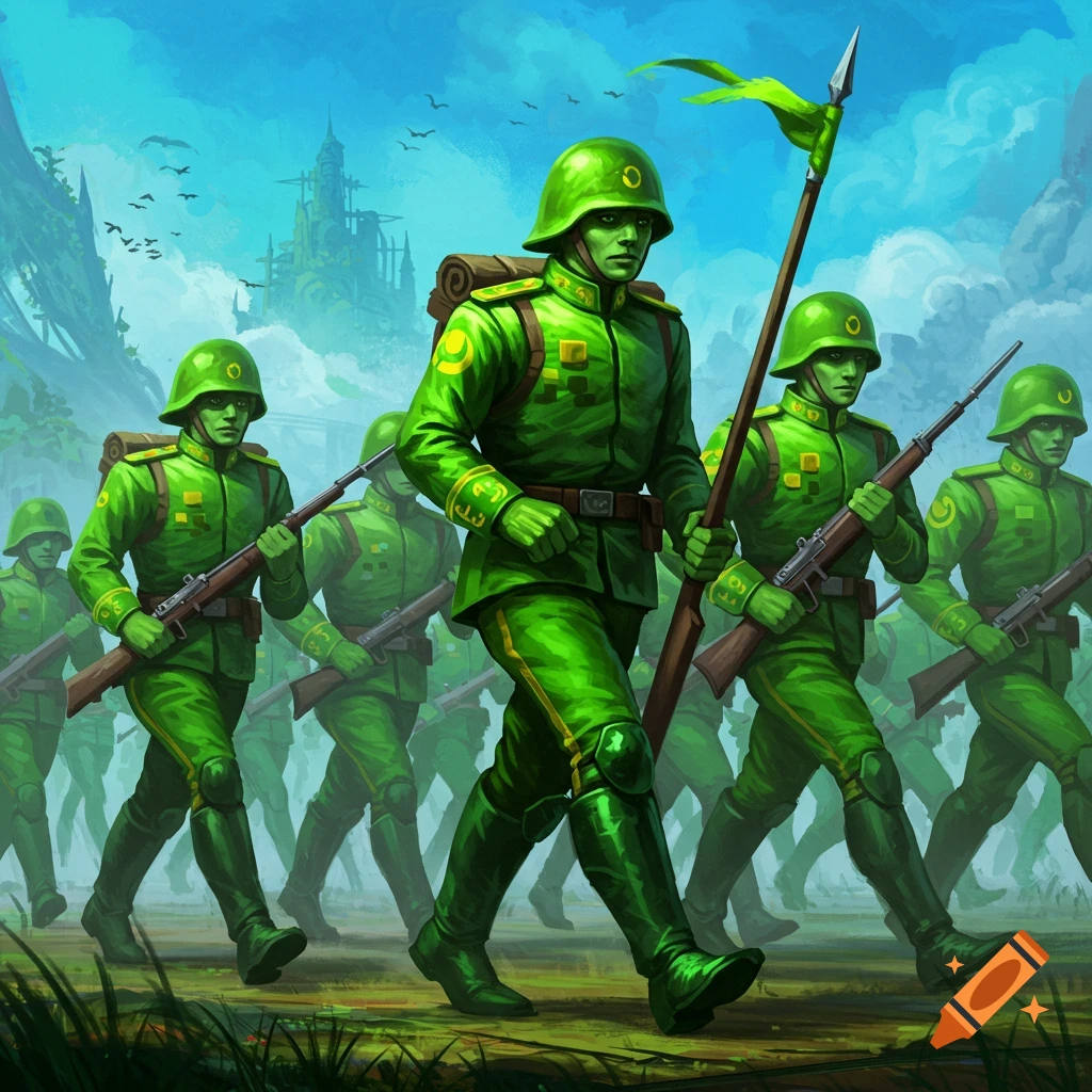 A column of green-skinned soldiers in green uniforms march through a fantasy landscape, carrying rifles and a flag.