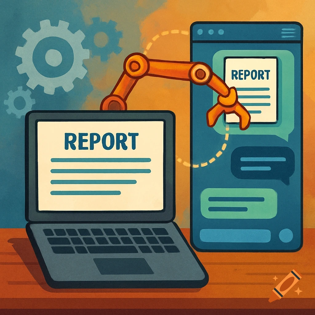 Stylized illustration of a robotic arm moving a report from a laptop to a smartphone chat