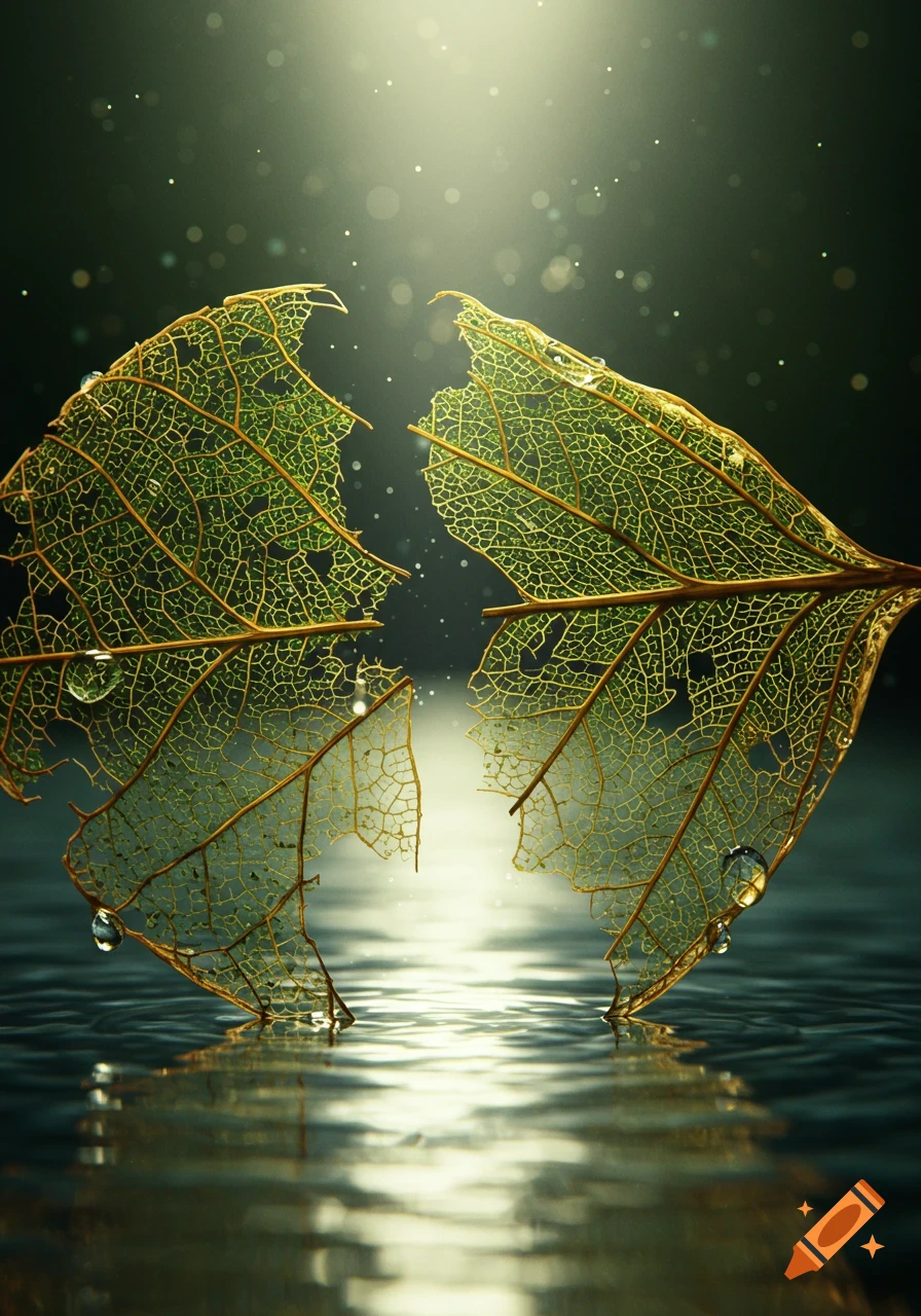 A close-up of two pieces of a skeletonized leaf breaking apart over reflective water with droplets and bokeh.