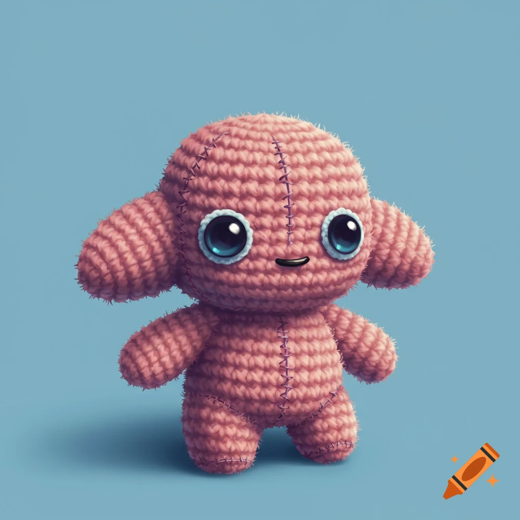 A cute pink crochet plushie with big blue eyes stands on a blue background.