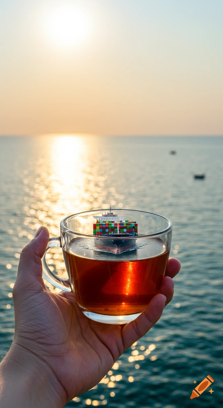 A hand holds a clear teacup with a miniature cargo ship sailing inside, against a backdrop of a sunset over the ocean.
