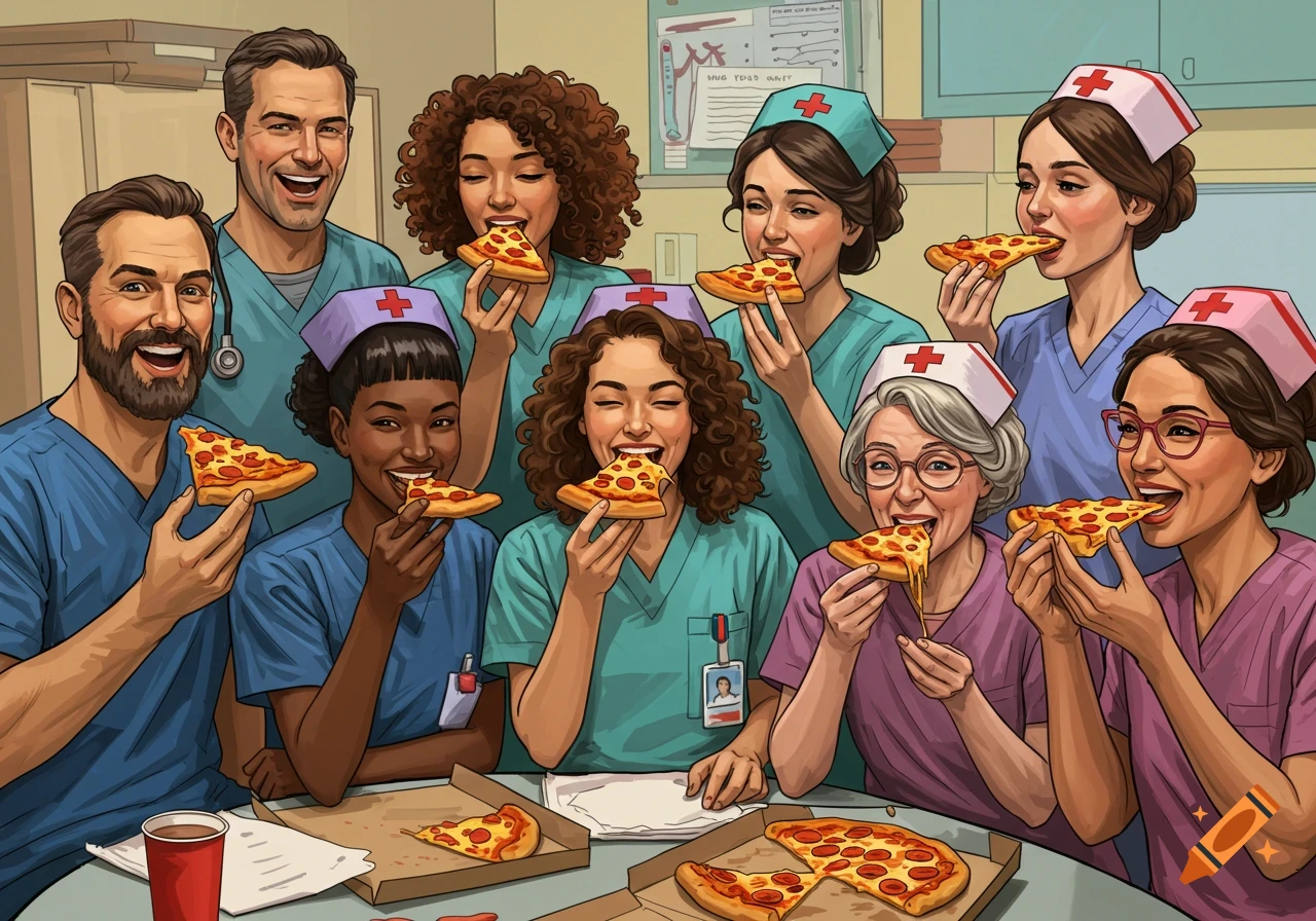 Illustration of happy nurses eating pizza