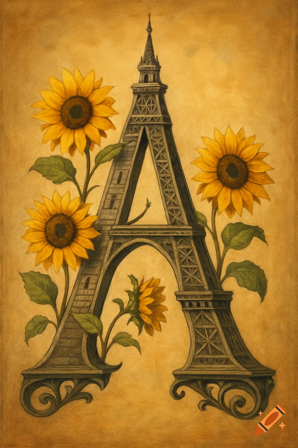 Eiffel Tower structure forms letter A with sunflowers in vintage illustration style