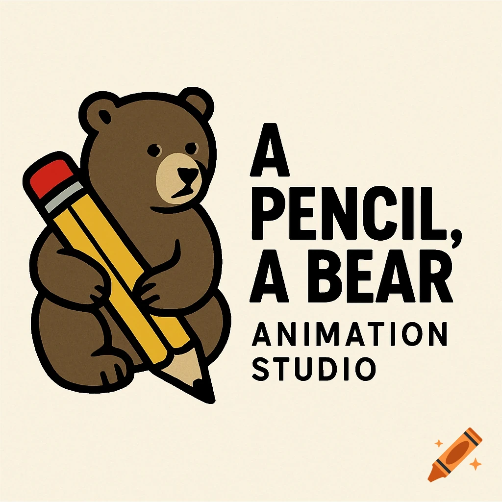 Cartoon bear holding a giant pencil next to text: A Pencil, A Bear Animation Studio.