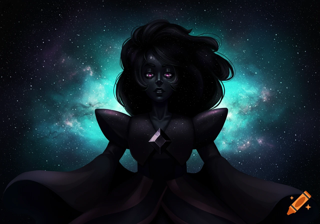 Black Diamond character from Steven Universe against a vibrant space background, digital illustration.