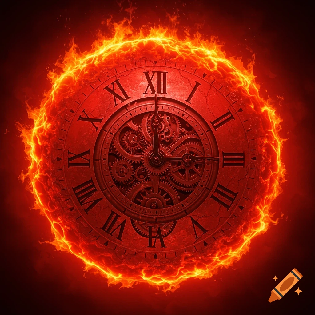 A fiery red clock face with Roman numerals and visible gears.