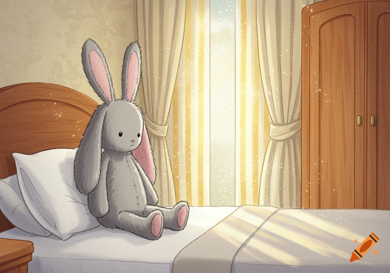 A grey plush bunny sits on a bed pillow in a sunlit room in a storybook illustration style.