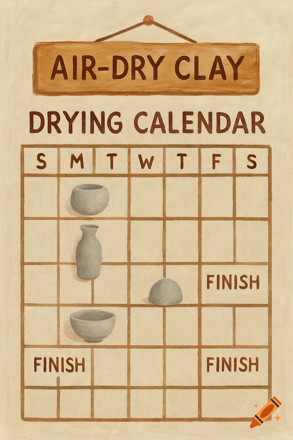 An illustration of an air-dry clay drying calendar with clay pieces and finish dates marked.