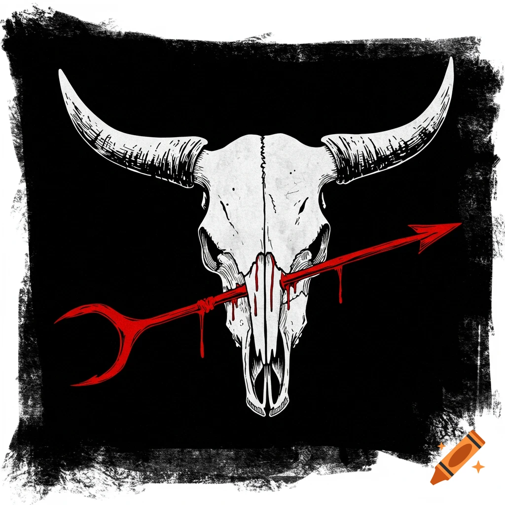 A white cow skull pierced by a red harpoon, dripping blood, on a black background with grunge edges.
