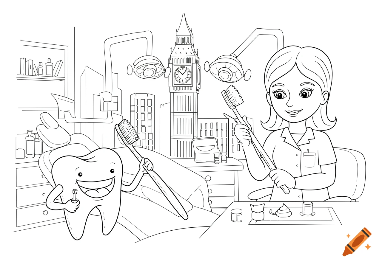 Black and white drawing of a happy tooth holding a toothbrush next to a dentist holding toothbrushes, with Big Ben in the background.